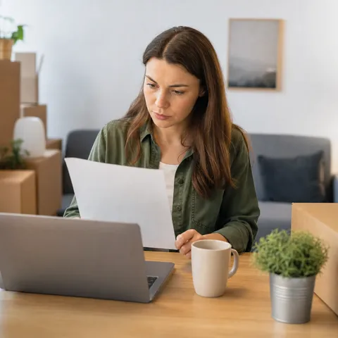 Illustration zum Abschnitt „Sonderkündigungsrecht wegen Umzugs“ im Ratgeber „Strom kündigen beim Umzug: Fristen & Rechte“: eine Person prüft am Laptop einen Stromvertrag am Schreibtisch.