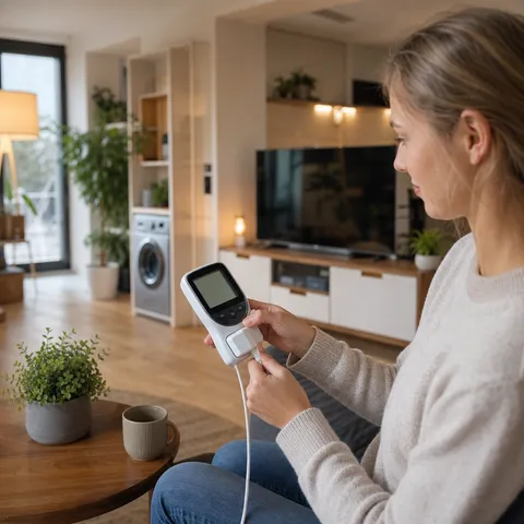 Illustration zum Abschnitt „Erst messen, dann sparen“ im Ratgeber „Strom sparen im Haushalt: Die wirksamsten Hebel“: ein energieeffizientes Wohnzimmer mit LED-Beleuchtung.
