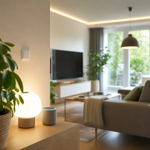 Illustration zum Abschnitt „Standby: viele kleine Lecks“ im Ratgeber „Strom sparen im Haushalt: Die wirksamsten Hebel“: ein energieeffizientes Wohnzimmer mit LED-Beleuchtung.