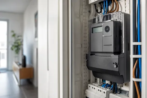Symbolbild zum Ratgeber „Stromanbieter wechseln: Anleitung in 5 Schritten“: ein digitaler Smart Meter im Zählerschrank eines Haushalts.