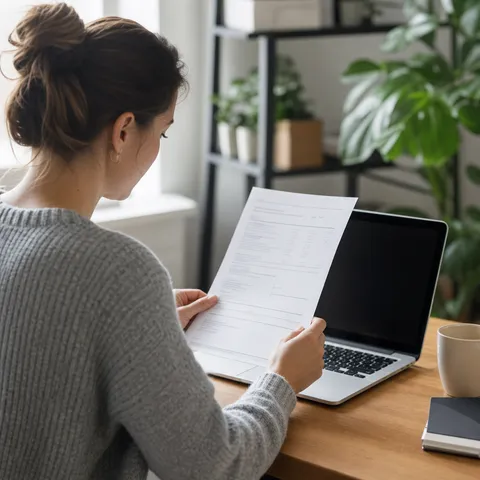 Illustration zum Abschnitt „Schritt 1: Verbrauch ermitteln“ im Ratgeber „Stromanbieter wechseln: Anleitung in 5 Schritten“: eine Person prüft am Laptop einen Stromvertrag am Schreibtisch.