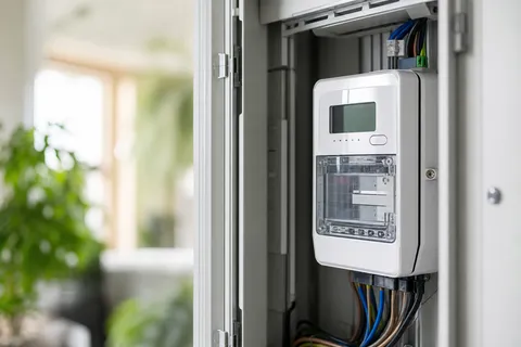 Symbolbild zum Ratgeber „Stromsparende Beleuchtung: LED & smarte Steuerung“: ein digitaler Smart Meter im Zählerschrank eines Haushalts.