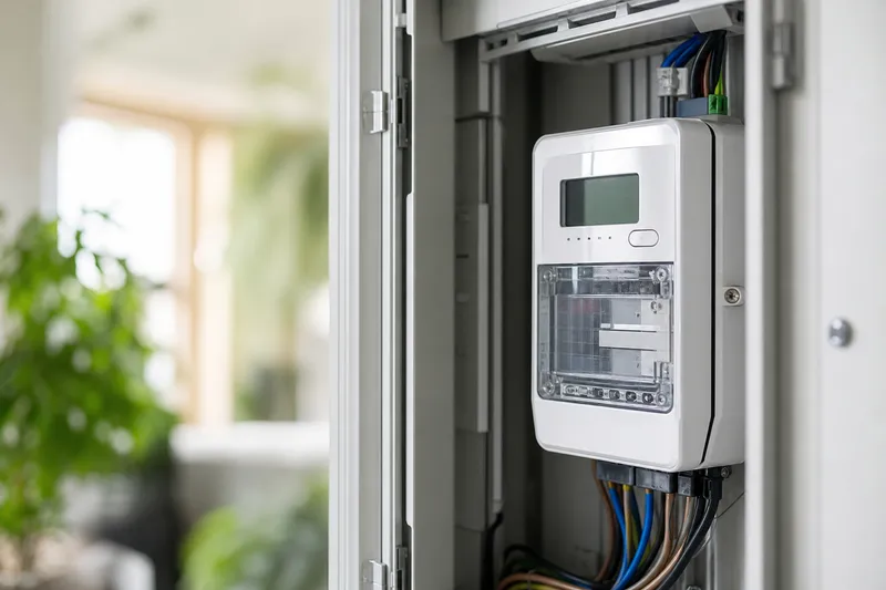 Symbolbild zum Ratgeber „Stromsparende Beleuchtung: LED & smarte Steuerung“: ein digitaler Smart Meter im Zählerschrank eines Haushalts.