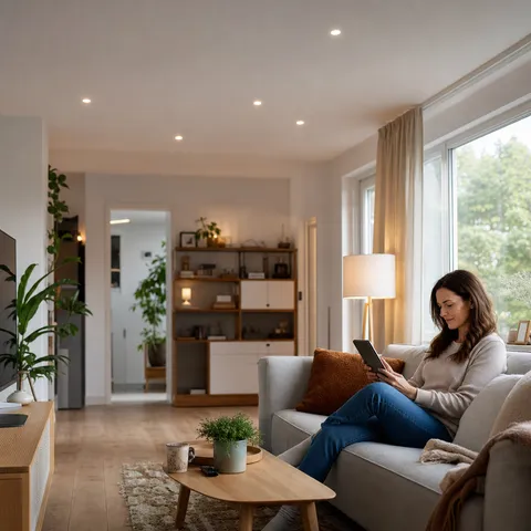Illustration zum Abschnitt „LED hat die alten Leuchtmittel abgelöst“ im Ratgeber „Stromsparende Beleuchtung: LED & smarte Steuerung“: ein energieeffizientes Wohnzimmer mit LED-Beleuchtung.