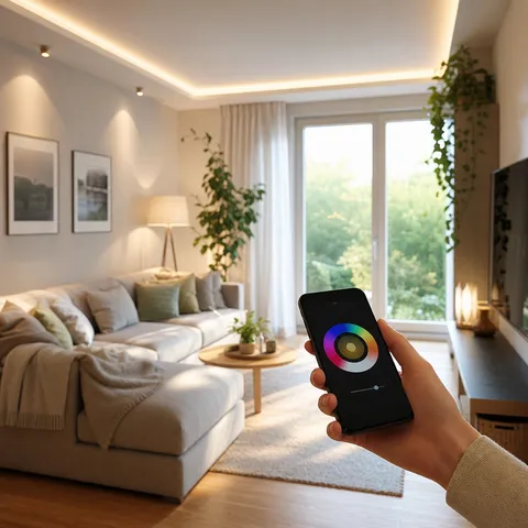Illustration zum Abschnitt „Lichtfarbe und Steuerung“ im Ratgeber „Stromsparende Beleuchtung: LED & smarte Steuerung“: ein energieeffizientes Wohnzimmer mit LED-Beleuchtung.