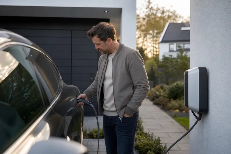 Symbolbild zum Ratgeber „THG-Quote für E-Auto-Halter: So funktioniert die Vergütung“: ein Elektroauto lädt an einer Wallbox in einer modernen Einfahrt.