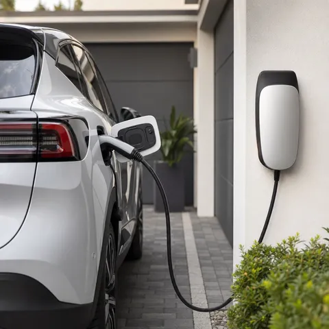 Illustration zum Abschnitt „Was die THG-Quote ist“ im Ratgeber „THG-Quote für E-Auto-Halter: So funktioniert die Vergütung“: ein Elektroauto lädt an einer Wallbox in einer modernen Einfahrt.