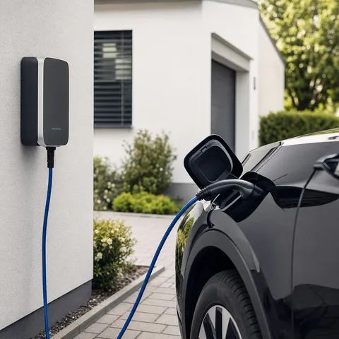 Illustration zum Abschnitt „Wovon die Höhe abhängt“ im Ratgeber „THG-Quote für E-Auto-Halter: So funktioniert die Vergütung“: ein Elektroauto lädt an einer Wallbox in einer modernen Einfahrt.