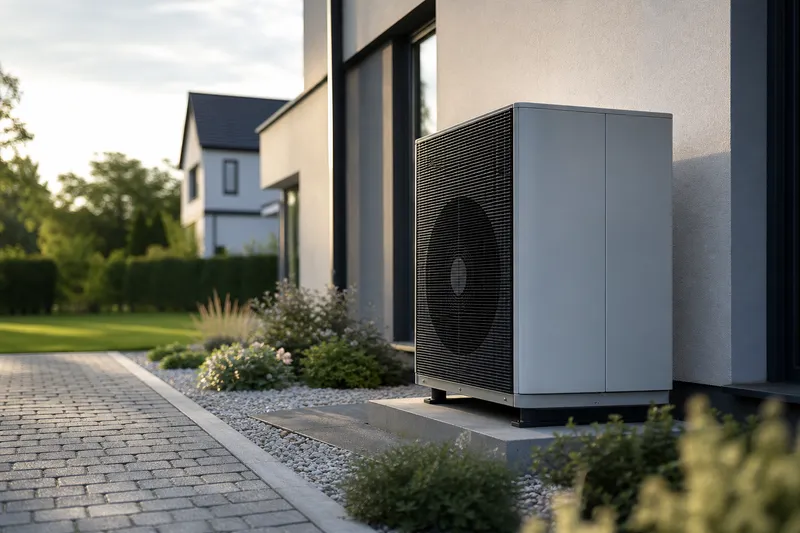Symbolbild zum Ratgeber „Heizungsförderung 2026: BAFA und KfW für Wärmepumpen“: eine moderne Wärmepumpe vor einem Einfamilienhaus.