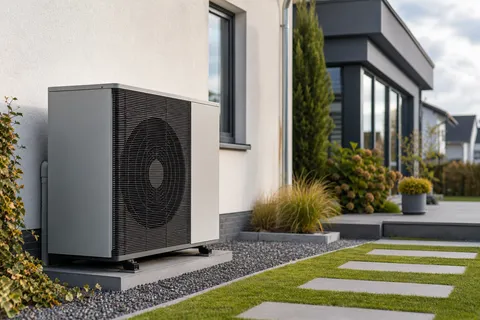 Symbolbild zum Ratgeber „Separater Zähler oder Kaskadenmessung für die Wärmepumpe“: eine moderne Wärmepumpe vor einem Einfamilienhaus.