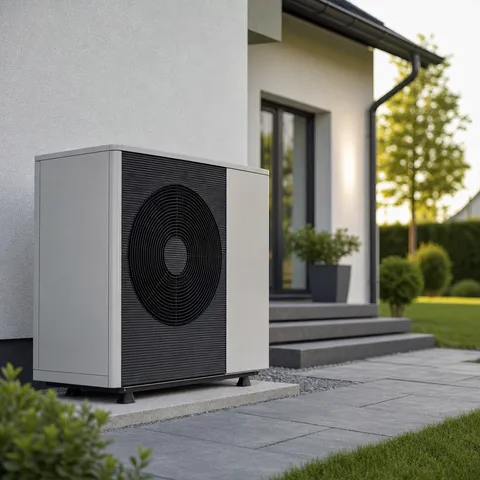 Illustration zum Abschnitt „Warum die Messtechnik bei der Wärmepumpe wichtig ist“ im Ratgeber „Separater Zähler oder Kaskadenmessung für die Wärmepumpe“: eine moderne Wärmepumpe vor einem Einfamilienhaus.