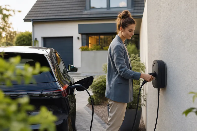 Symbolbild zum Ratgeber „§ 14a EnWG: reduziertes Netzentgelt für die Wallbox“: ein Elektroauto lädt an einer Wallbox in einer modernen Einfahrt.