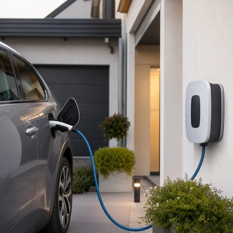 Illustration zum Abschnitt „Voller Betrieb und gedrosselter Betrieb im Vergleich“ im Ratgeber „§ 14a EnWG: reduziertes Netzentgelt für die Wallbox“: ein Elektroauto lädt an einer Wallbox in einer modernen Einfahrt.
