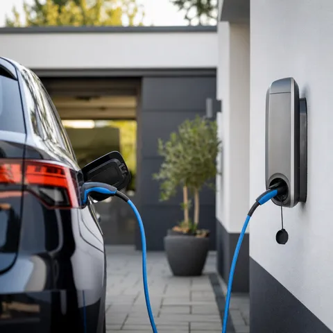 Illustration zum Abschnitt „Was § 14a EnWG für die Wallbox bedeutet“ im Ratgeber „§ 14a EnWG: reduziertes Netzentgelt für die Wallbox“: ein Elektroauto lädt an einer Wallbox in einer modernen Einfahrt.