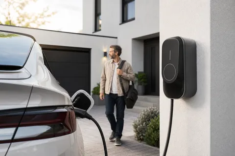 Symbolbild zum Ratgeber „Wallbox anmelden: bis 11 kW und ab 12 kW“: ein Elektroauto lädt an einer Wallbox in einer modernen Einfahrt.