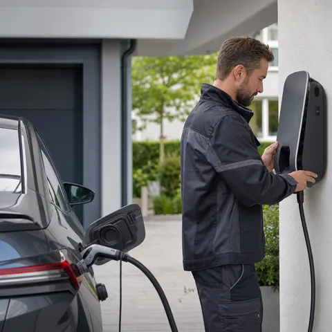 Illustration zum Abschnitt „Die Rolle der Elektrofachkraft“ im Ratgeber „Wallbox anmelden: bis 11 kW und ab 12 kW“: ein Elektroauto lädt an einer Wallbox in einer modernen Einfahrt.