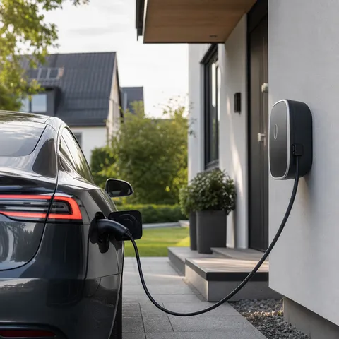 Illustration zum Abschnitt „Warum eine Wallbox überhaupt gemeldet werden muss“ im Ratgeber „Wallbox anmelden: bis 11 kW und ab 12 kW“: ein Elektroauto lädt an einer Wallbox in einer modernen Einfahrt.