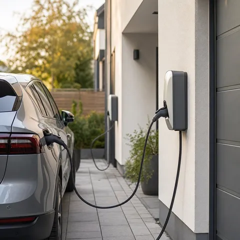 Illustration zum Abschnitt „Warum mehrere Wallboxen ein Lastmanagement brauchen“ im Ratgeber „Lastmanagement bei mehreren Ladepunkten“: ein Elektroauto lädt an einer Wallbox in einer modernen Einfahrt.