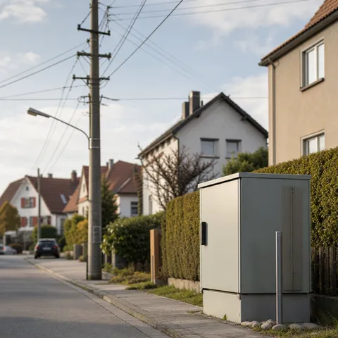 Illustration zum Abschnitt „Grund 2: Langfristige Beschaffung und verzögerte Weitergabe“ im Ratgeber „Warum die Grundversorgung meist teurer ist“: ein Wohnviertel mit Stromleitungen und einem Verteilerkasten.